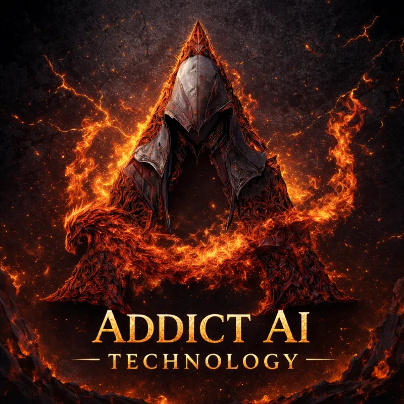 Addict AI Technology — figure encapuchonnée, feu et intelligence