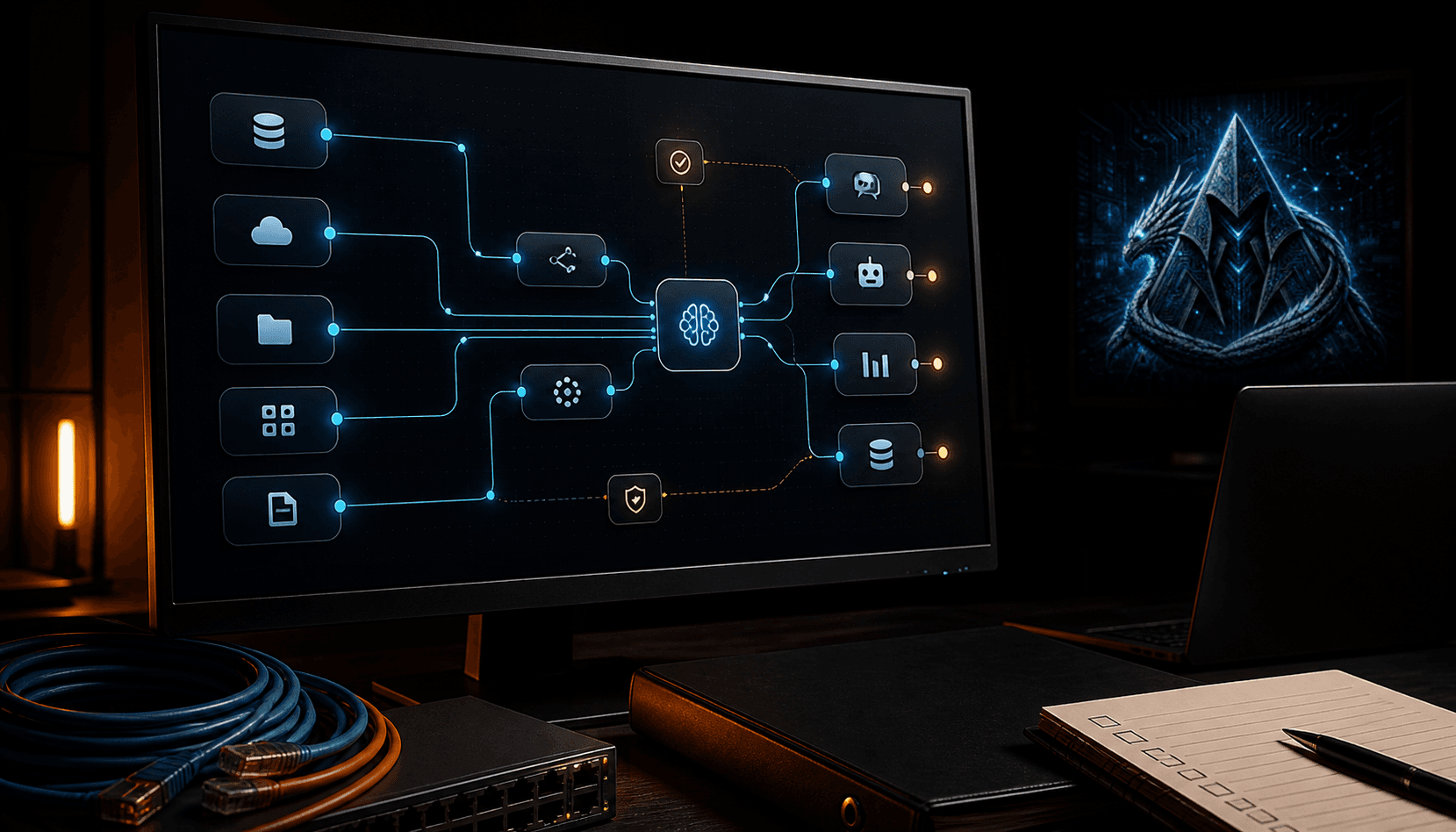 Écran sombre affichant des blocs de workflow IA reliés par des lignes lumineuses dans un bureau professionnel