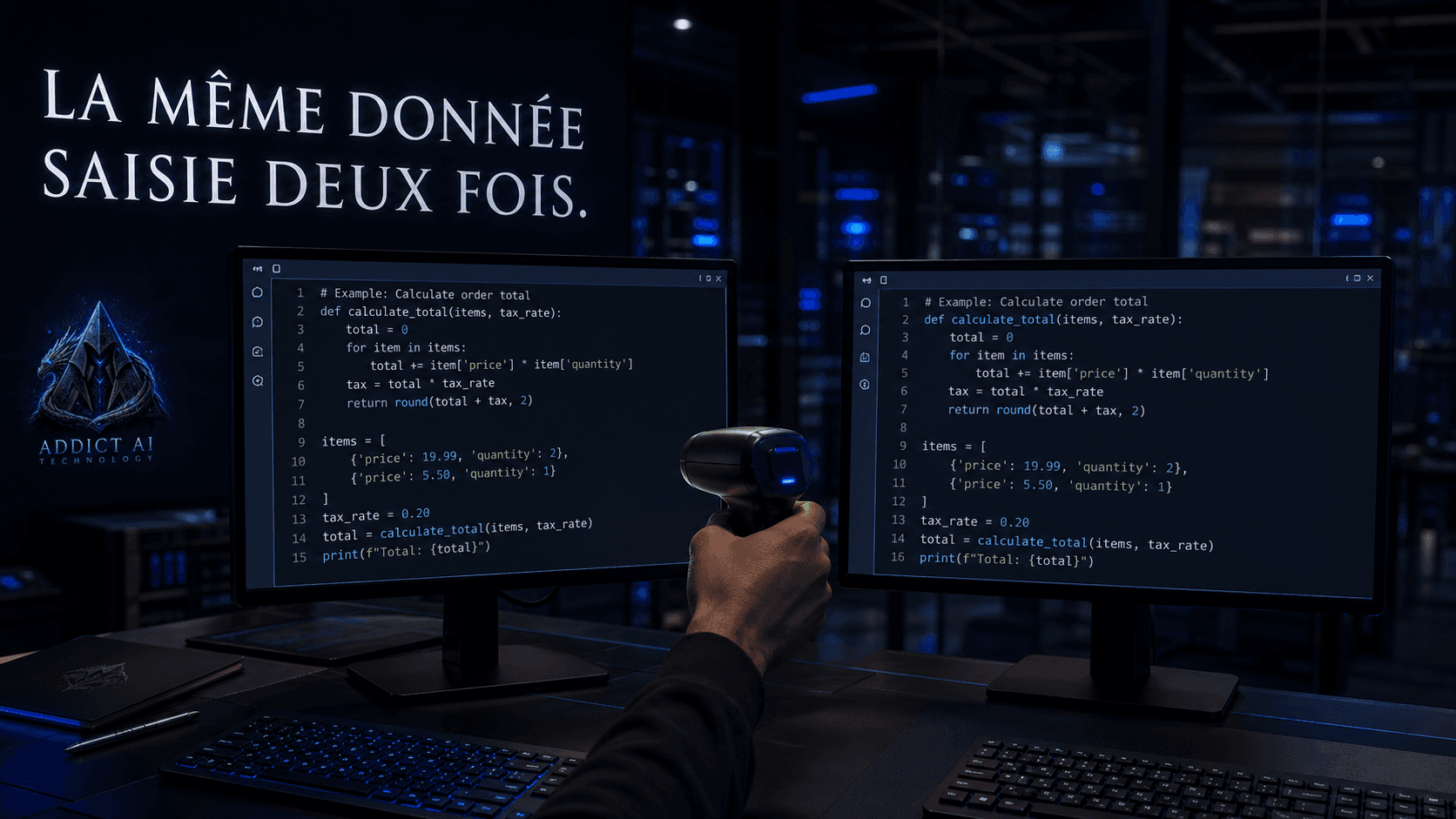Un code de démonstration non sensible apparaît identique sur deux écrans peuplés; une main anonyme tient un scanner unique entre les deux postes, sans diagramme