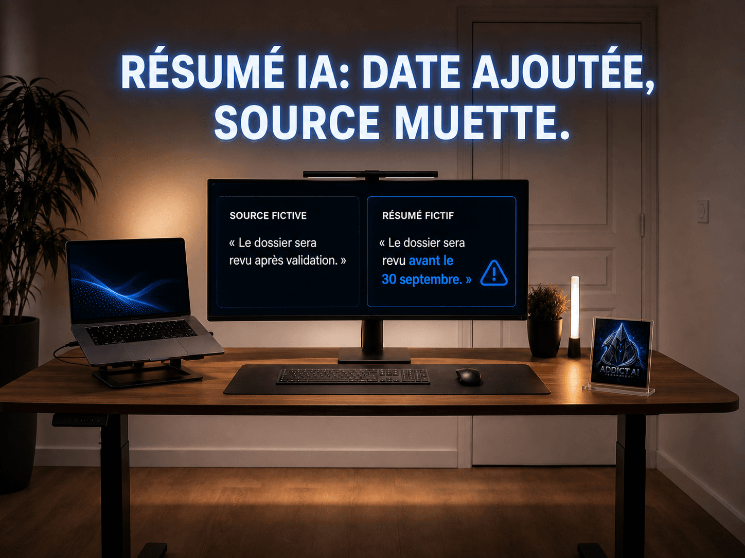 Dans un bureau professionnel, une ligne source fictive sans date est comparée à un résumé fictif qui ajoute une échéance signalée comme erreur.