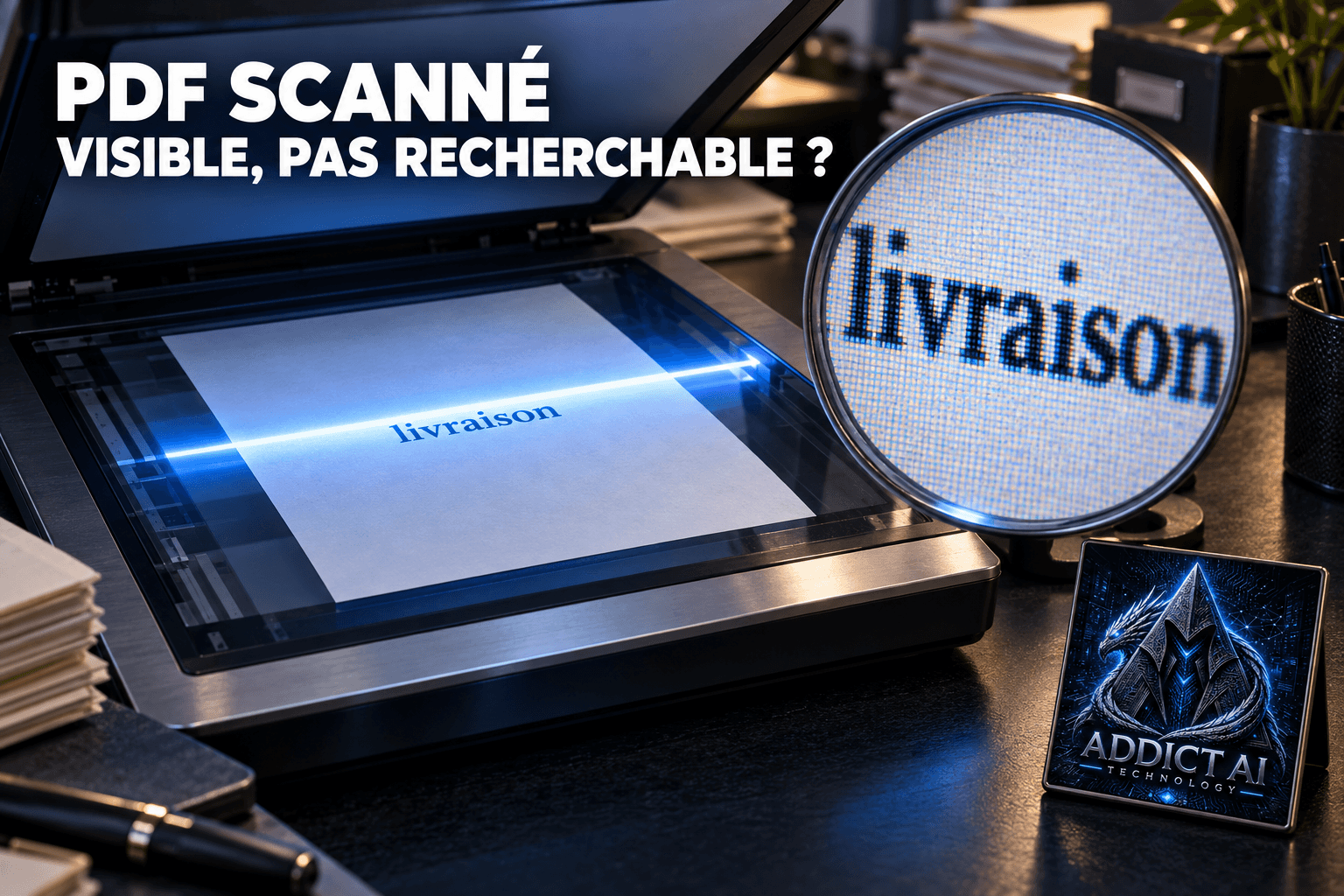 Illustration pédagogique : scanner plat avec un courrier d'exercice original où le mot « livraison » est visible. Cette image ne démontre aucun test de recherch
