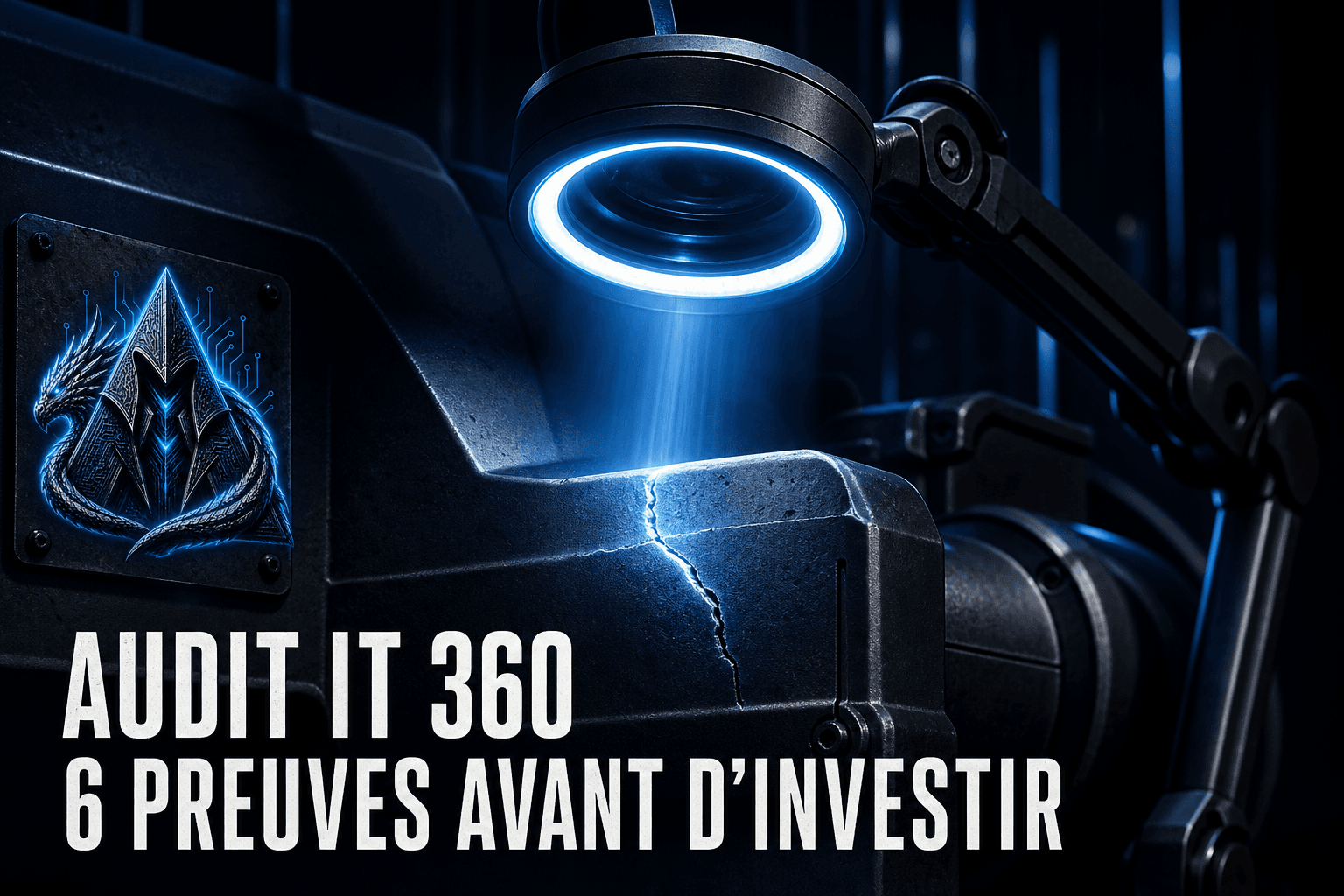Six modules d'inspection représentent le matériel, les accès, les sauvegardes, le chiffrement, le réseau et les pratiques de données.