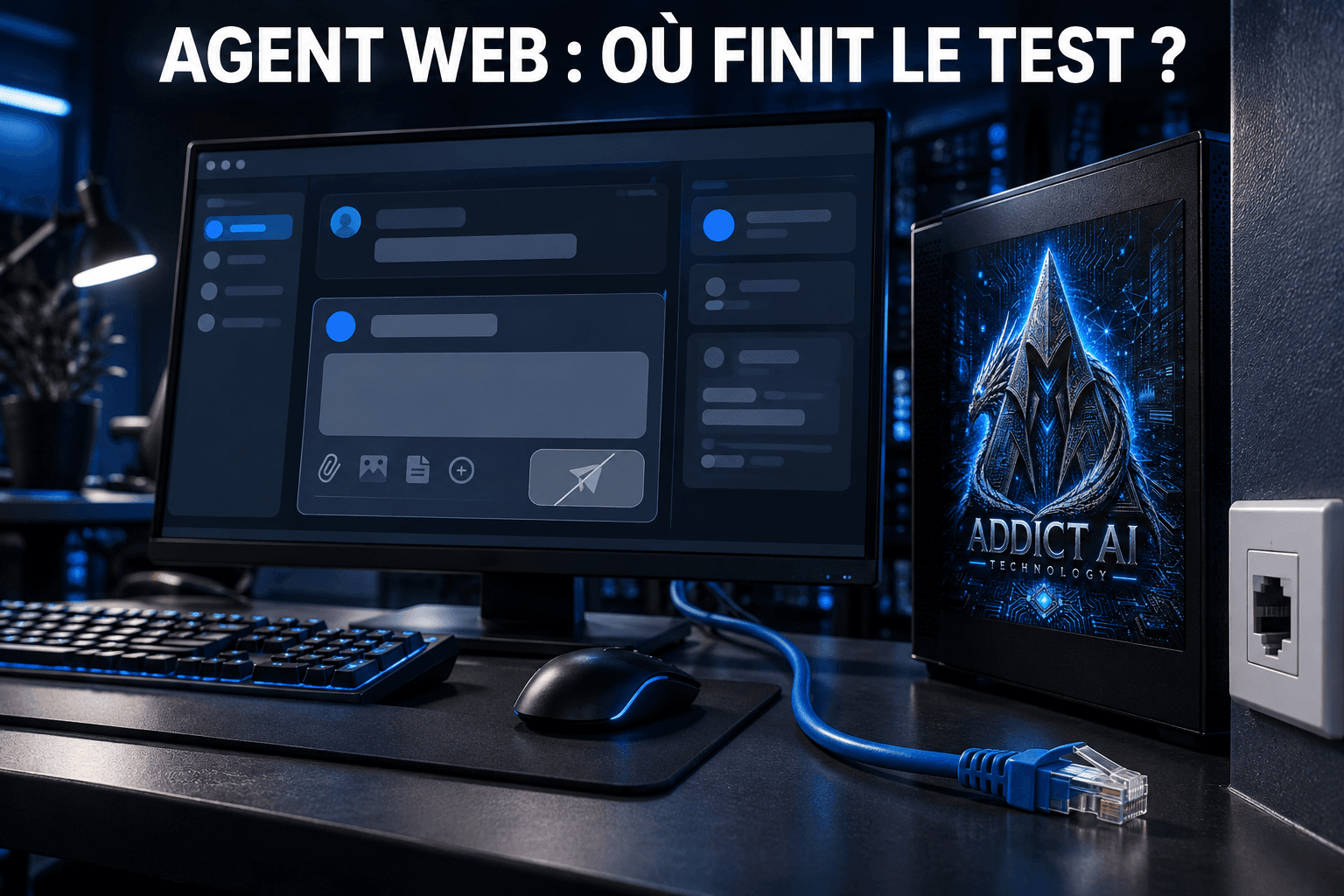 Poste de travail illustrant la frontière entre un environnement de test isolé et une action sur le Web réel.