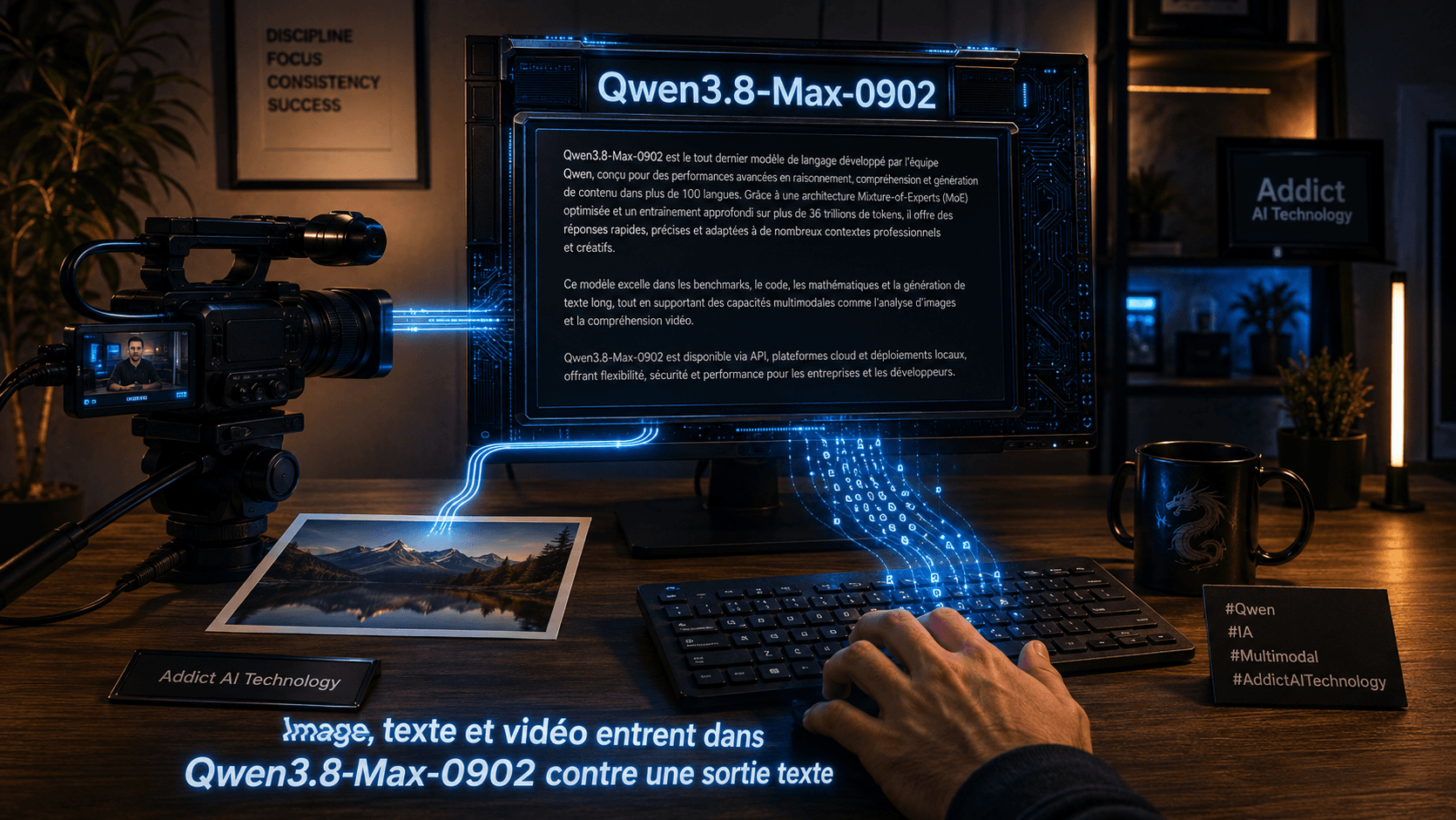 Visualisation éditoriale d'une caméra, d'une photo et d'un clavier convergeant vers un écran qui affiche une unique sortie texte pour Qwen3.8-Max-0902.