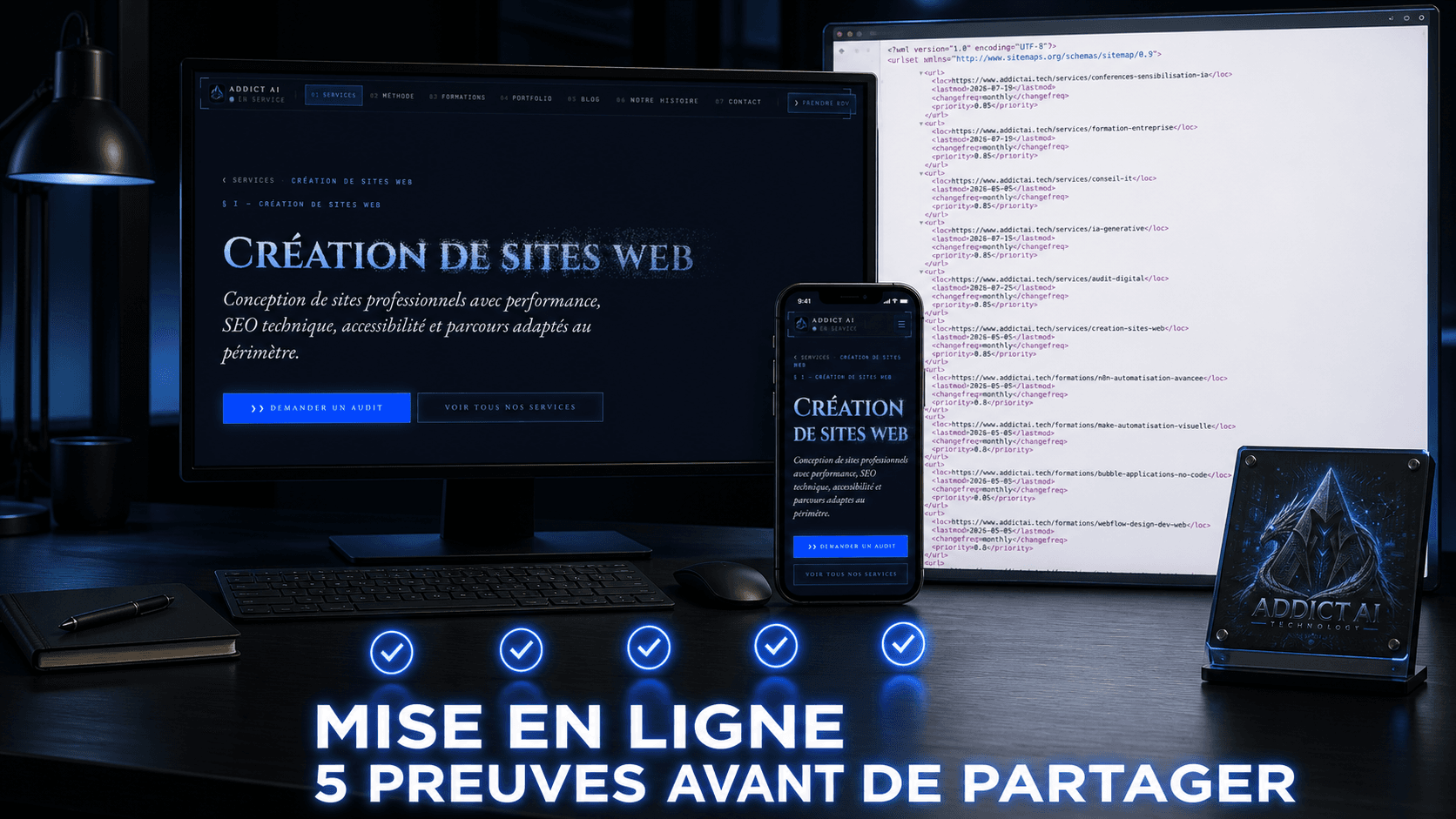 Un téléphone et un ordinateur affichent la même page AAIT, avec le H1 et l'action principale lisibles, tandis qu'un onglet sitemap reste visible derrière.