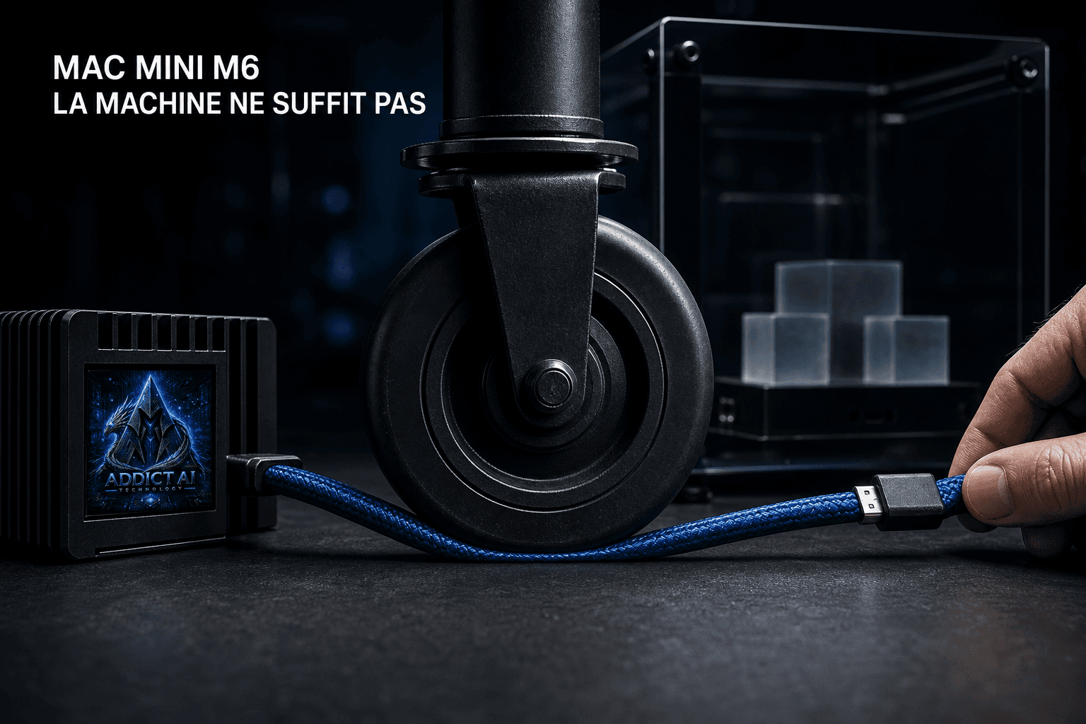 Un mini ordinateur tire une charge transparente, mais un câble bleu écrasé sous une roue bloque le mouvement.